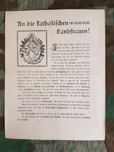 Propaganda Blatt Flugblatt der bayerischen Volkspartei an die katholischen Landfrauen