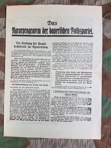 Wahl Propaganda Blatt Flugblatt Agrarprogramm der bayerischen Volkspartei zur Reichtagswahl 1919