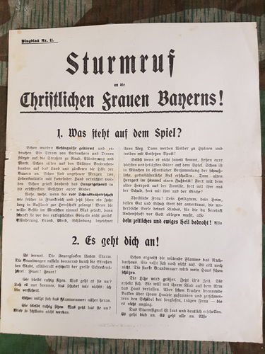 Wahl Propaganda Blatt Flugblatt Nr.11 der bayerischen Volkspartei zur Reichtagswahl 1919 " Sturmruf