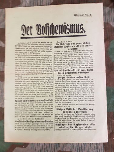 Wahl Propaganda Blatt Flugblatt Nr.8 bayerische Volkspartei Reichtagswahl 1919 " Der Bolschewismus