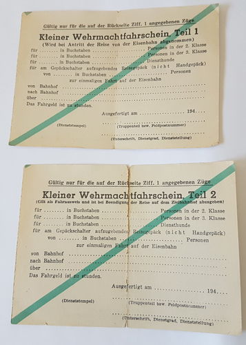 Kleiner Wehrmachts Fahrschein Teil 1 und Teil 2 WK2 Blanko nicht ausgefüllt