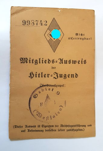 HJ Hitlerjugend Ausweis August Bopp HJ Gebiet 9 Westfalen