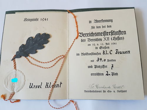 Urkunde Sport Bereichsmeisterschaften XII Hessen Giessen Rollkunstlaufen für Frauen 1941