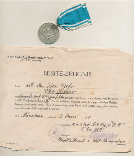 Bayern Besitzzeugnis Urkunde mit Medaille Dienstauszeichnung III. Klasse am Band Feld Art RGT "PRL"