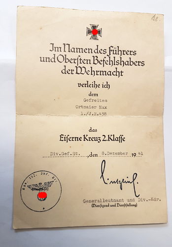 Urkunde EK2 Eisernes Kreuz 1939 Max Ortmaier 1./ Inf Rgt. 438 der 132 Inf Div Krim Sewastopol 1941
