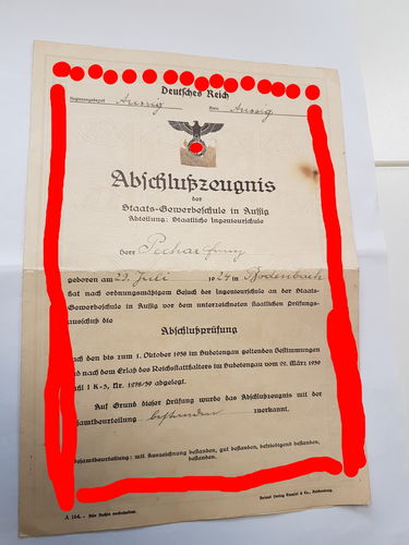 Deutsches Reich Abschluss Zeugnis staatliche Gewerbe Schule in Aussig 1943