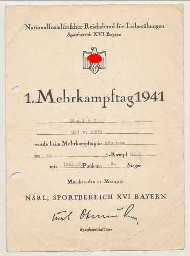 NSRL Sport Urkunde Mehrkampftag 1941 Sieger Urkunde im Dreikampf Sportbereich Bayern XVI