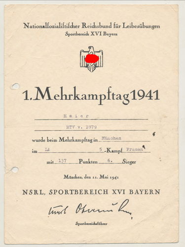 NSRL Sport Urkunde Mehrkampftag 1941 Sieger Urkunde im Fünfkampf Frauen Sportbereich Bayern XVI
