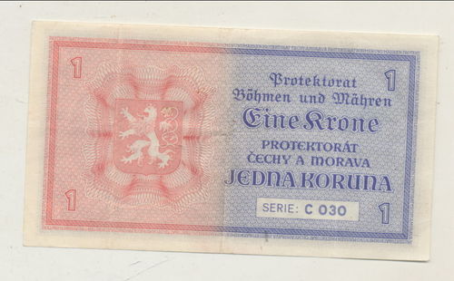 Banknote Eine Krone Protektorat Böhmen und Mähren 3. Reich
