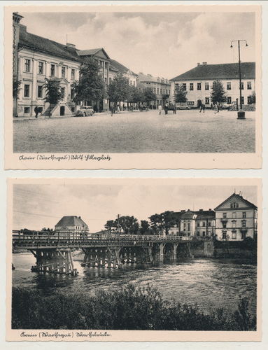 Konin Warthegau A. Hitler Platz und Brücke - 2x Original Postkarte 3. Reich