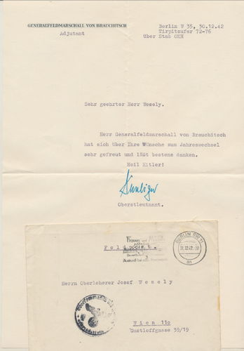 ORIGINAL Brief aus dem Berliner Büro des Generalfeldmarschall von Brauchitsch 1942