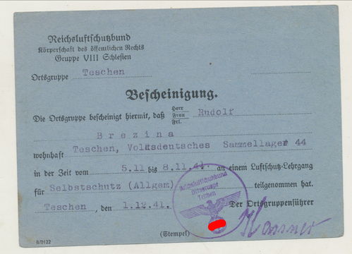 RLB Reichsluftschutzbund Ausweis Bescheinigung Selbstschutz Lehrgang Teschen 1941