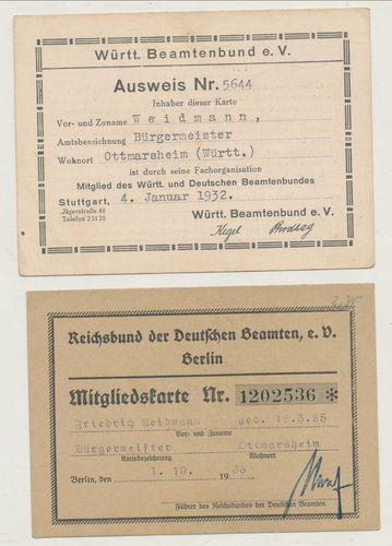 RDB Reichsbund deutscher Beamter 2 Ausweise 1932 / 1936 Bürgermeister Ottmarsheim