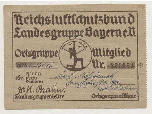 RLB Reichsluftschutzbund Mitglieds Ausweis Landesgruppe Bayern mit Beitragsmarke 1934/35