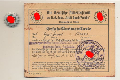 DAF Deutsche Arbeitsfront Mitglieds Ausweis und Mitgliedsabzeichen Gauverwaltung Essen 1938