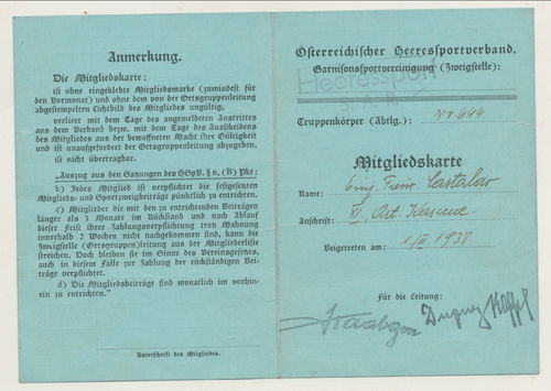 Österreich Heeres Sportverband Garnisionsvereinigung Ausweis 1938