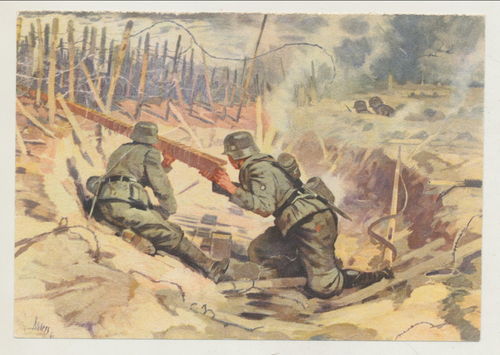 Kampf in der Frontlinie Schützengraben Stacheldraht - Original Postkarte WK2