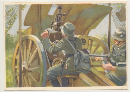 Geschütz unter Tarnnetz deutsche Wehrmacht Original Postkarte WK2