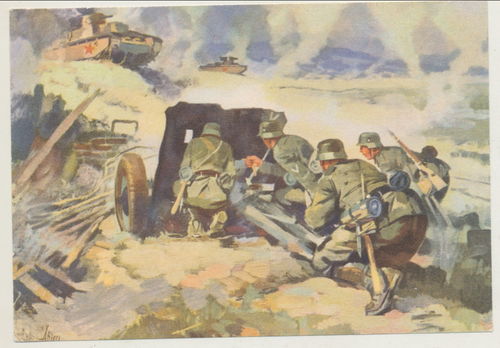 Pak Panzerabwehr erledigt einen russischen Panzer - Original Postkarte 3. Reich