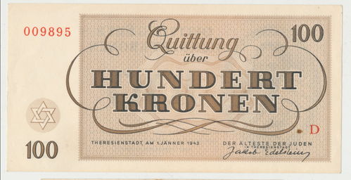 Ghetto Theresienstadt - Originale Banknote Jew Juden Geld Qittung 100 Kronen von 1943
