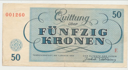 Ghetto Theresienstadt - Originale Banknote Jew Juden Geld Qittung 50 Kronen von 1943