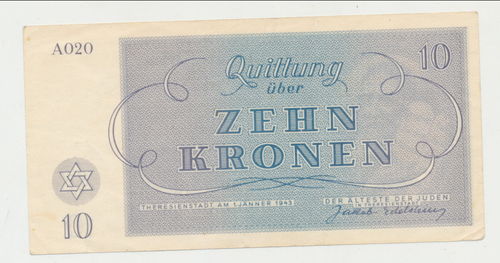 Ghetto Theresienstadt - Originale Banknote Jew Juden Geld Qittung 10 Kronen von 1943