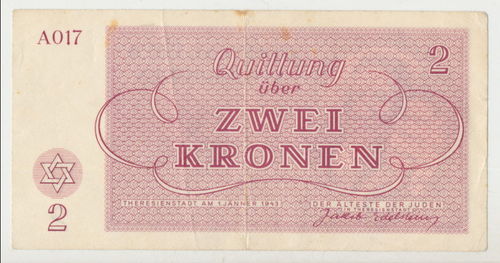Ghetto Theresienstadt - Originale Banknote Jew Juden Geld Qittung 2 Kronen von 1943