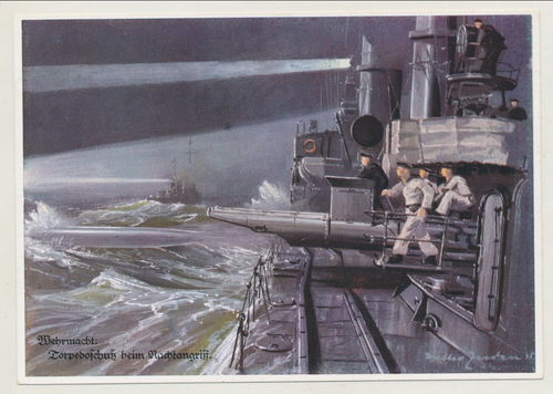Kriegsmarine Torpedo Schuss beim Nachtangriff - Original Postkarte 3. Reich