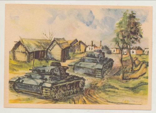 Deutsche Panzer Erkundung nach Dubrowska - Original Postkarte WK2