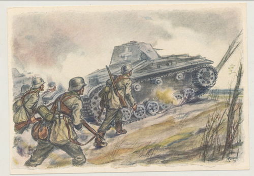 Deutsche Panzer Panzerwagen Angriff - Original Postkarte WK2