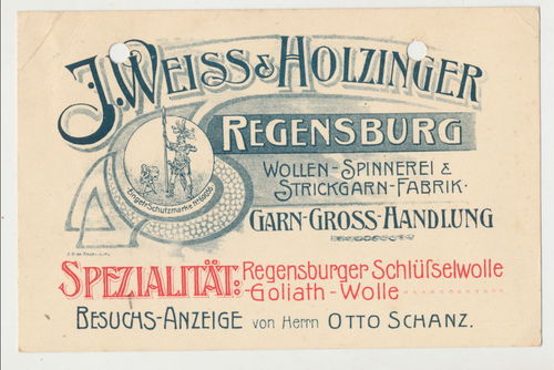 Werbe Karte J. Weiss & Holzinger Woll Spinnstoff Fabrik Regensburg Poststempel von 1922
