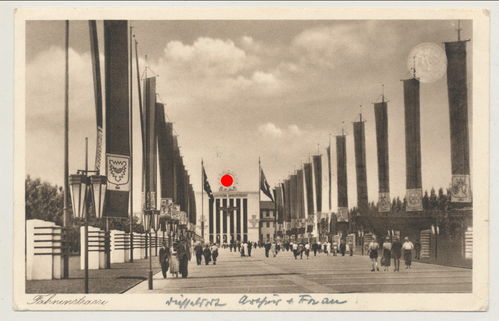 Schlageter Strasse Düsseldorf Fahnen Strasse Reichsausstellung - Original Postkarte 1937