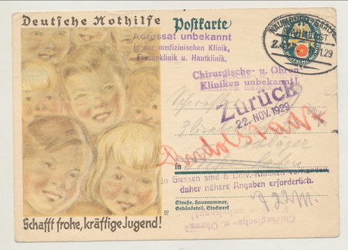Deutsche Nothilfe - Original Postkarte von 1929 Zurück Rücksendung