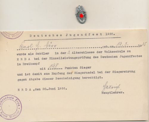 Urkunde & Wettkampf HJ Siegernadel zum dt Jugendfest Hitlerjugend / DJ 1936 Bezirk Wetzlar