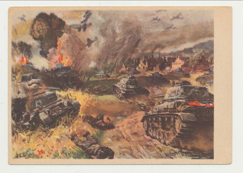 Panzer und Stuka im Angriff - Original farbige Postkarte 3. Reich