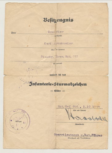 Urkunde zum Infanterie Sturmabzeichen Stabskomp. Grenadier Rgt 257 Nov 1944