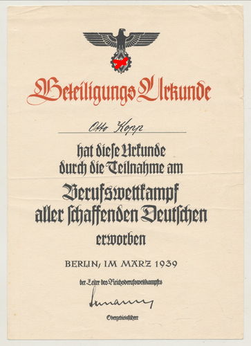 Urkunde im Reichsberufs Wettkampf 1939