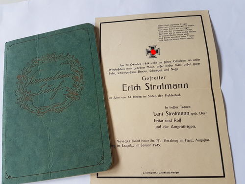 Familienbuch Stammbuch Stratmann Bereich Düsseldorf Neviges mit Todesanzeige Heldentod Südfront 1944