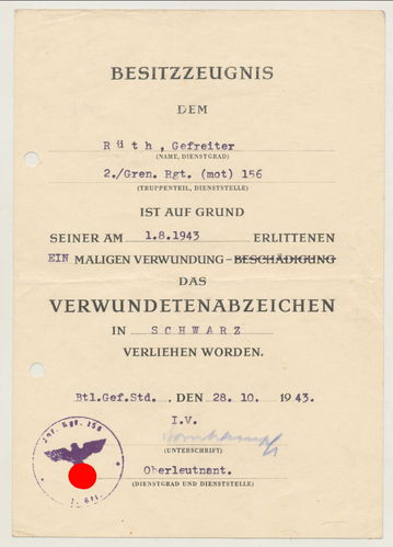 Urkunde zum Verwundetenabzeichen 1939 in Schwarz 2./ Grendier Rgt mot 156