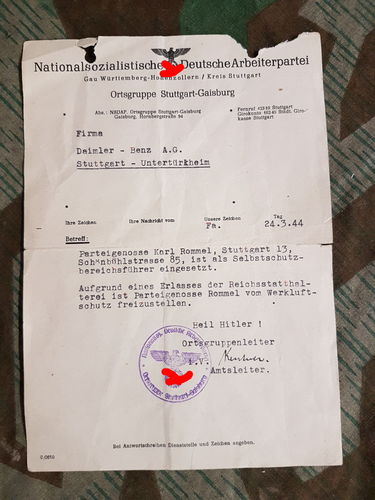 NSDAP Dokument für den Parteigenossen Karl Rommel als Selbstschutzführer 1944