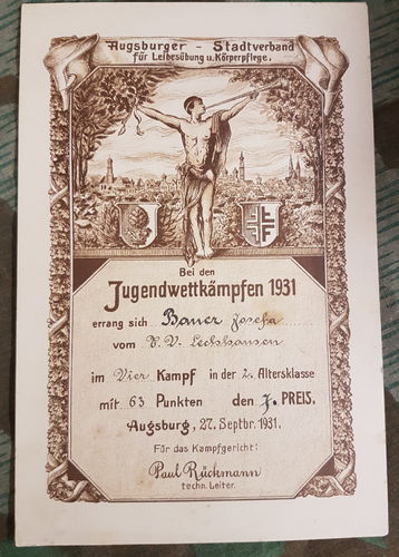 Jugend Wettkämpfe Sport 4-Kampf Sieger Urkunde für Mädchen 1931