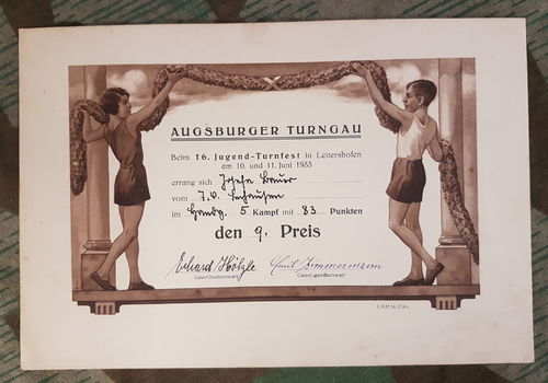 16. Jugend Turnfest Sieger Sport Urkunde für Mädchen Josepha Bauer 1933