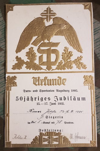 Sieger Urkunde Turn und Sport Union Jugendstufe für Mädchen Josepha Bauer 1935