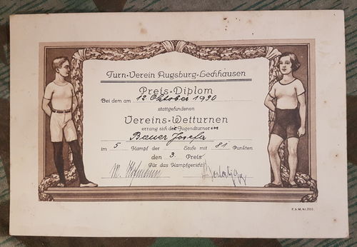 Sieger Urkunde Sport Verein Augsburg Jugendstufe für Mädchen Josepha Bauer 1930