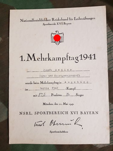 Reichsbund für Leibesübungen 1. Mehrkampftag 1941 Sieger Urkunde NSRL XVI Bayern