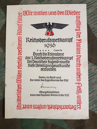 Reichsberufs - Wettkampf deutsche Jugend Hitlerjugend Urkunde Josepfa Bauer 1936
