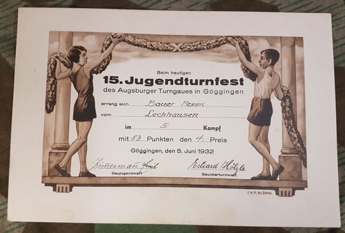 Sieger Urkunde Sport Turn Gau Göggingen Jugendstufe für Mädchen Josepha Bauer 1932