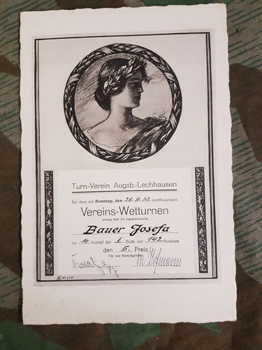 Sieger Urkunde Sport Turn Verein Lechhausen Jugendstufe für Mädchen Josepha Bauer 1932