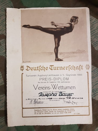 Sieger Urkunde Sport Turn Verein Lechhausen Jugendstufe für Mädchen Josepha Bauer 1931
