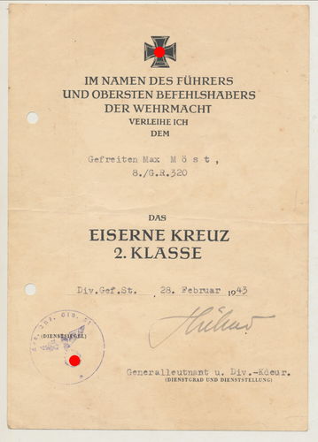 Urkunde EK2 Eisernes Kreuz 1939 Grenadier Rgt. 320 Original Unterschrift General Hühner 61 Inf Div